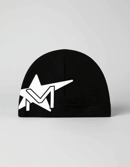Black beanie with a white logo on a white background